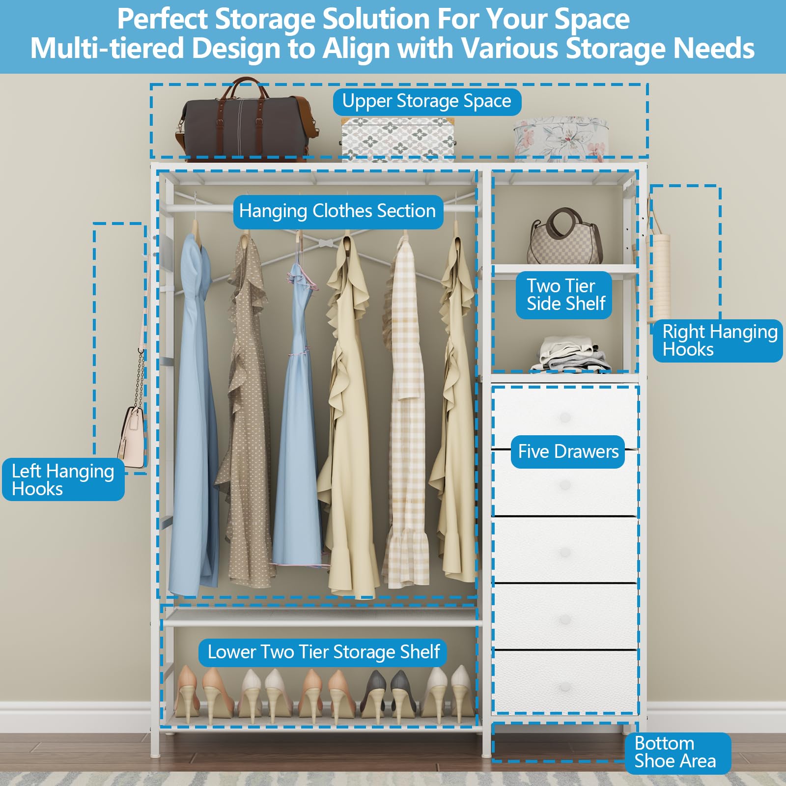 Loomie Heavy Duty Clothes Rack for Hanging Clothes with 5 Shelves & 5 Drawers
