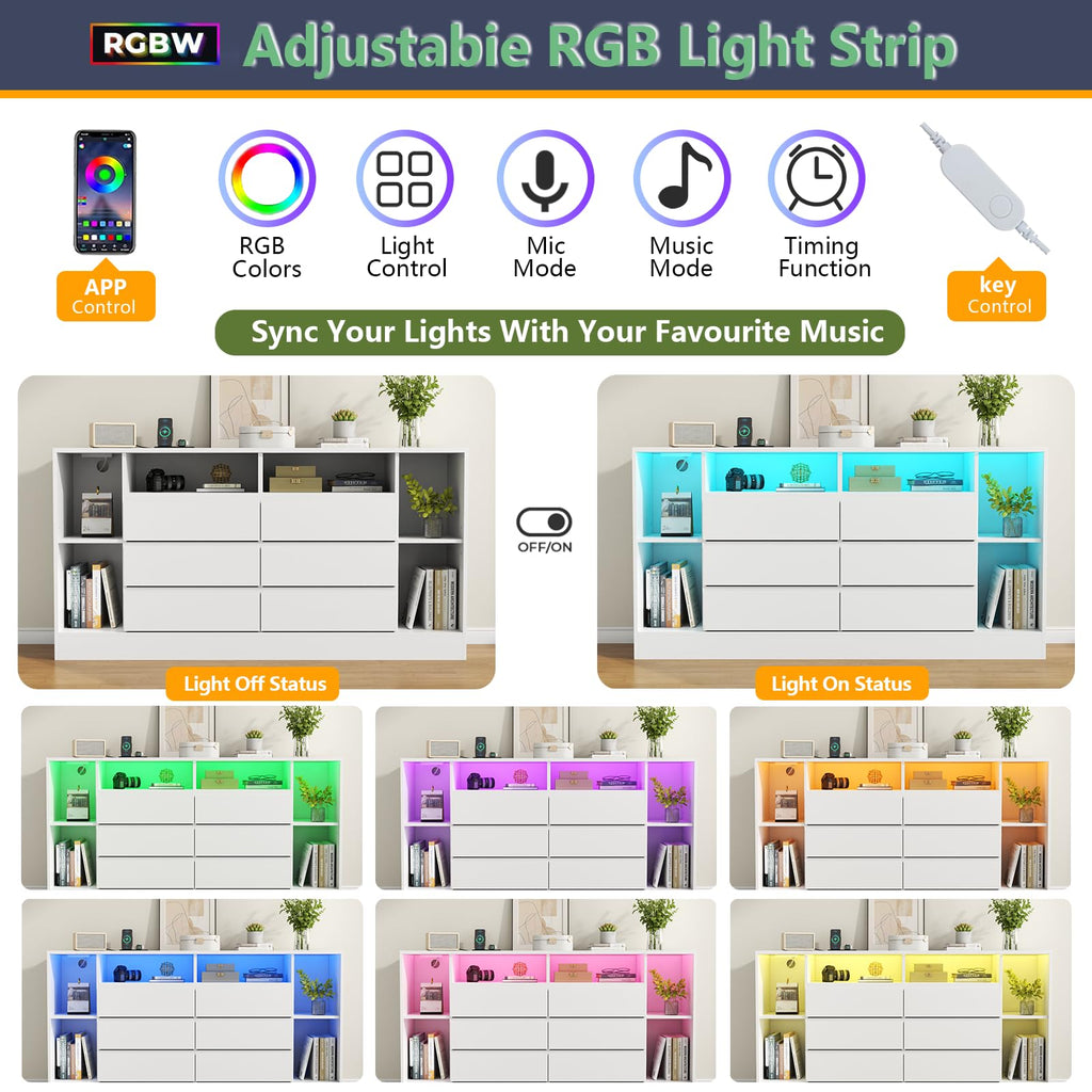 Loomie 6 Drawers Dresser with 6 Open Storage Cubbies, LED Dressers & Chests of Drawers with Power Outlet