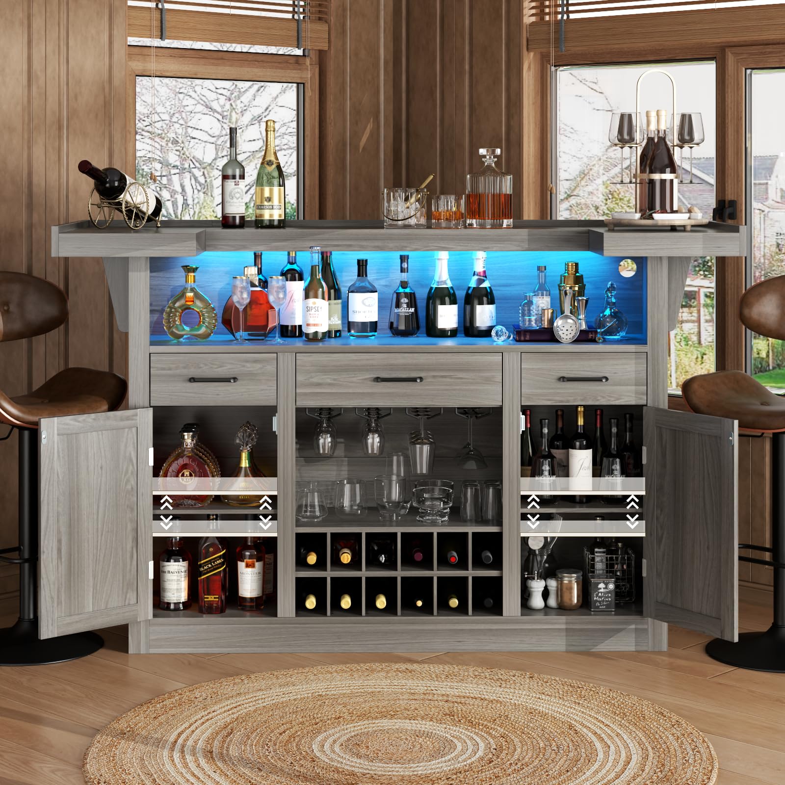 Loomie Bar Table Cabinet with LED & 3 Drawers,Liquor Bar with Adjustable Storage Shelves & Stemware Holders, Crescent Shaped Counter for Home Pub