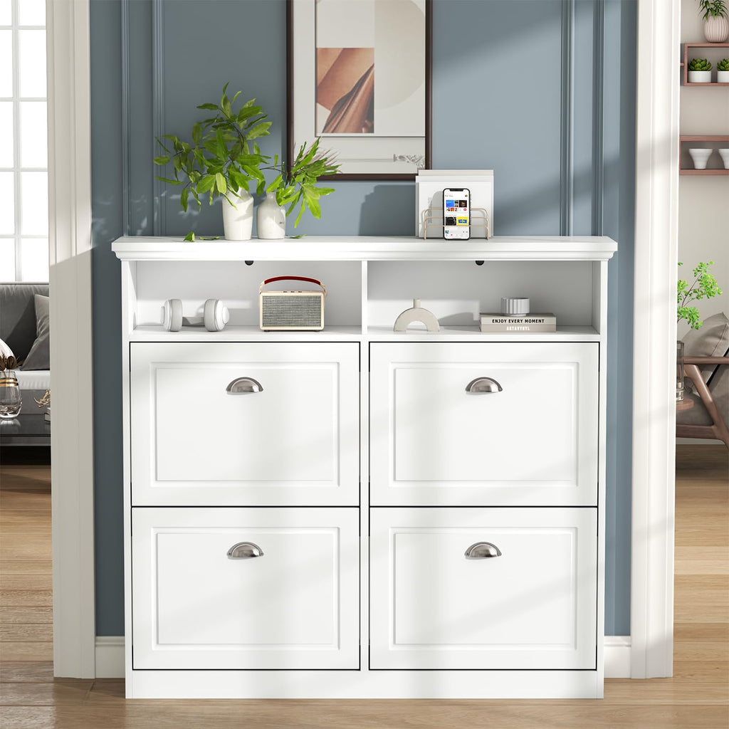 Loomie Shoe Cabinet with 4 Flip Drawers, Freestanding Shoe Storage Cabinet with Open Shelves