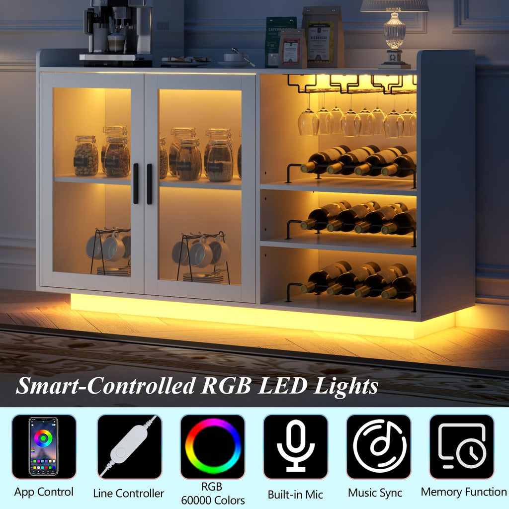 Loomie Wine Bar Cabinet with LED Lights, Floating Coffee Bar with Glass Rack and Removable Wine Racks, Modern Buffet Sideboard with Storage Shelves