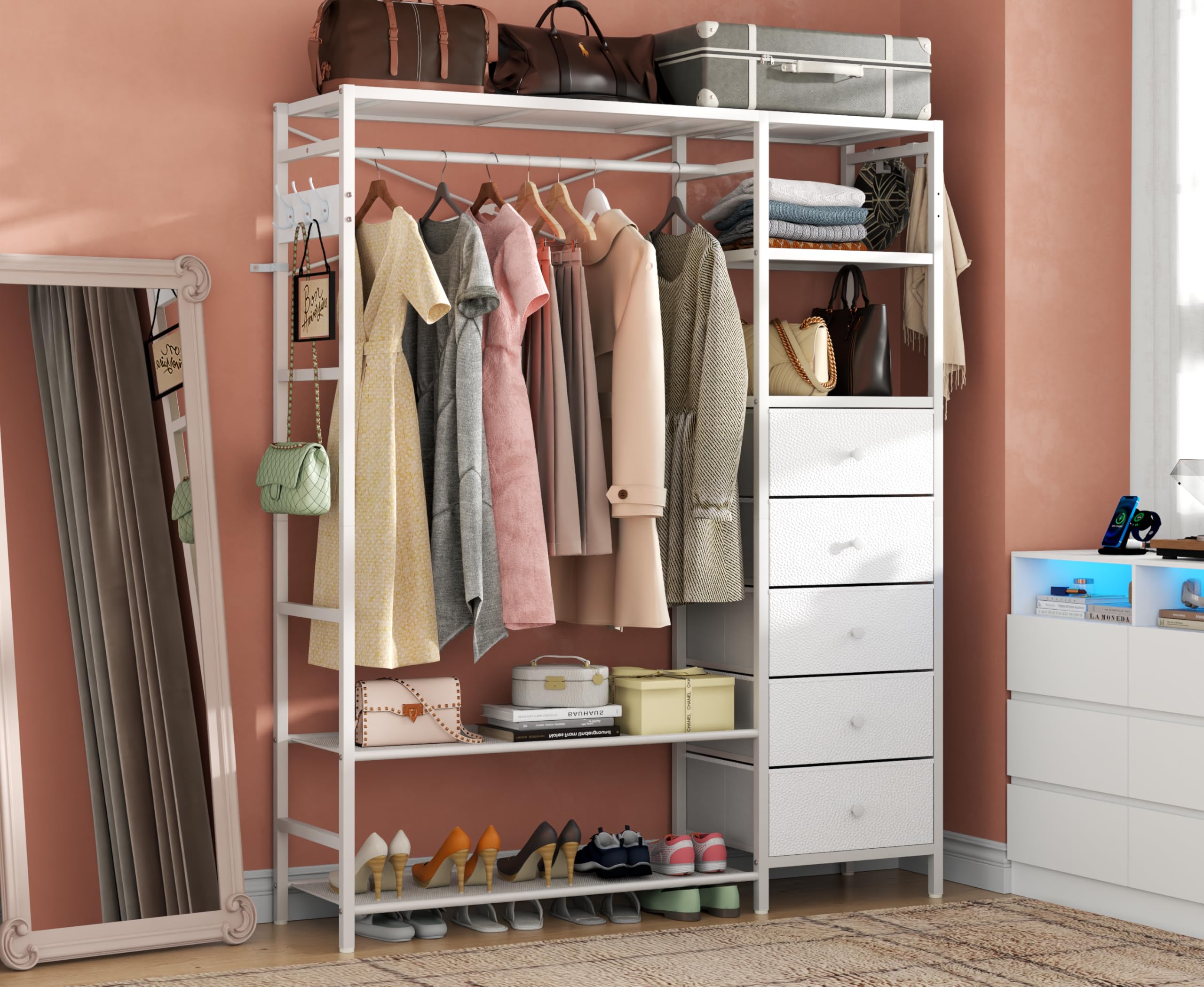 Loomie Heavy Duty Clothes Rack for Hanging Clothes with 5 Shelves & 5 Drawers