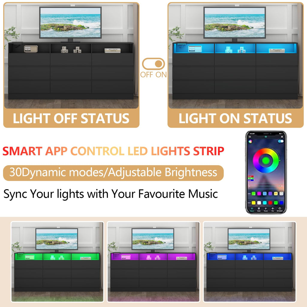 Loomie Drawers Dresser, White Drawer Dresser with Power Outlet, Accent Chests of Drawers with LED Light