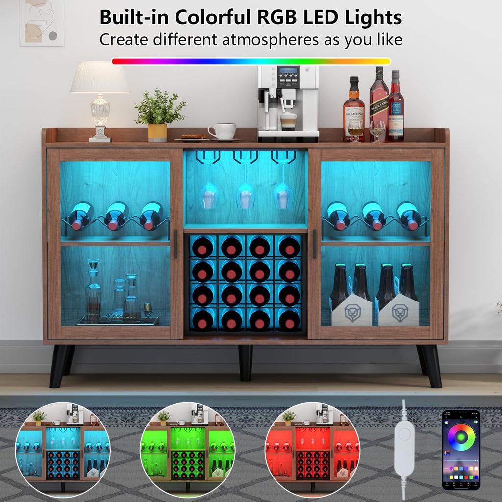 Loomie Wine Bar Cabinet with LED Light, Home Coffee Cabinet with Wine Rack and Glass Holder, Kitchen Buffet Sideboard W Storage Shelf