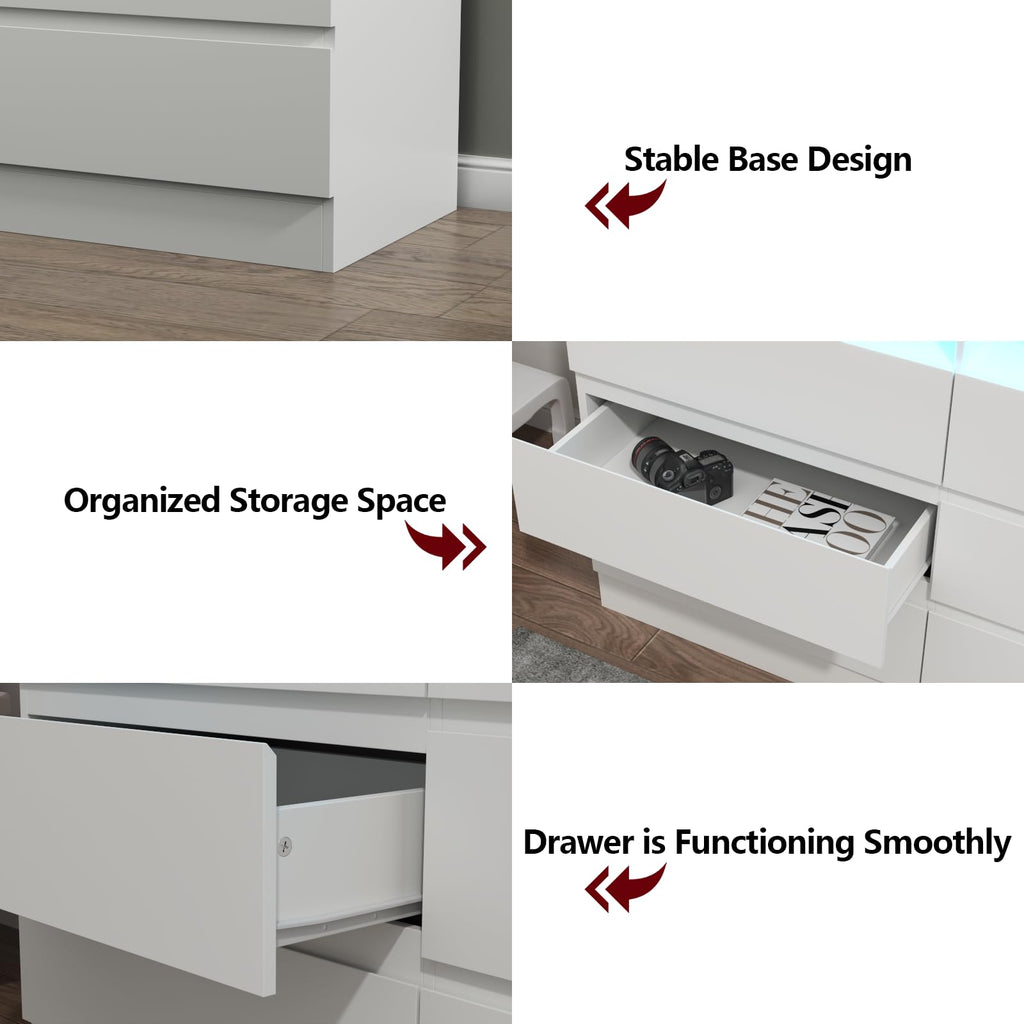 Loomie Drawers Dresser, White Drawer Dresser with Power Outlet, Accent Chests of Drawers with LED Light