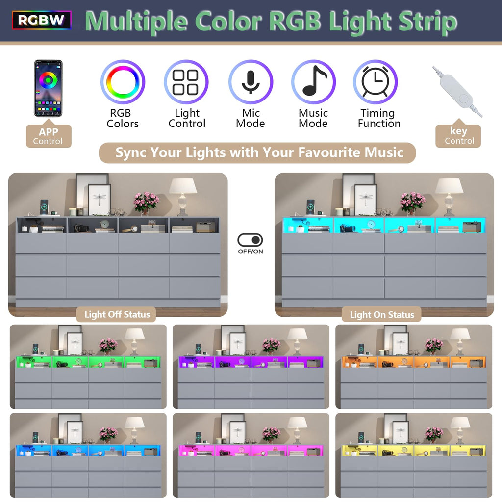 Loomie 12-Cell Divided Drawers Black Dresser with Charging Station & Led Lights for Bedroom, Long 63" Wide Dresser TV Stand for TVs