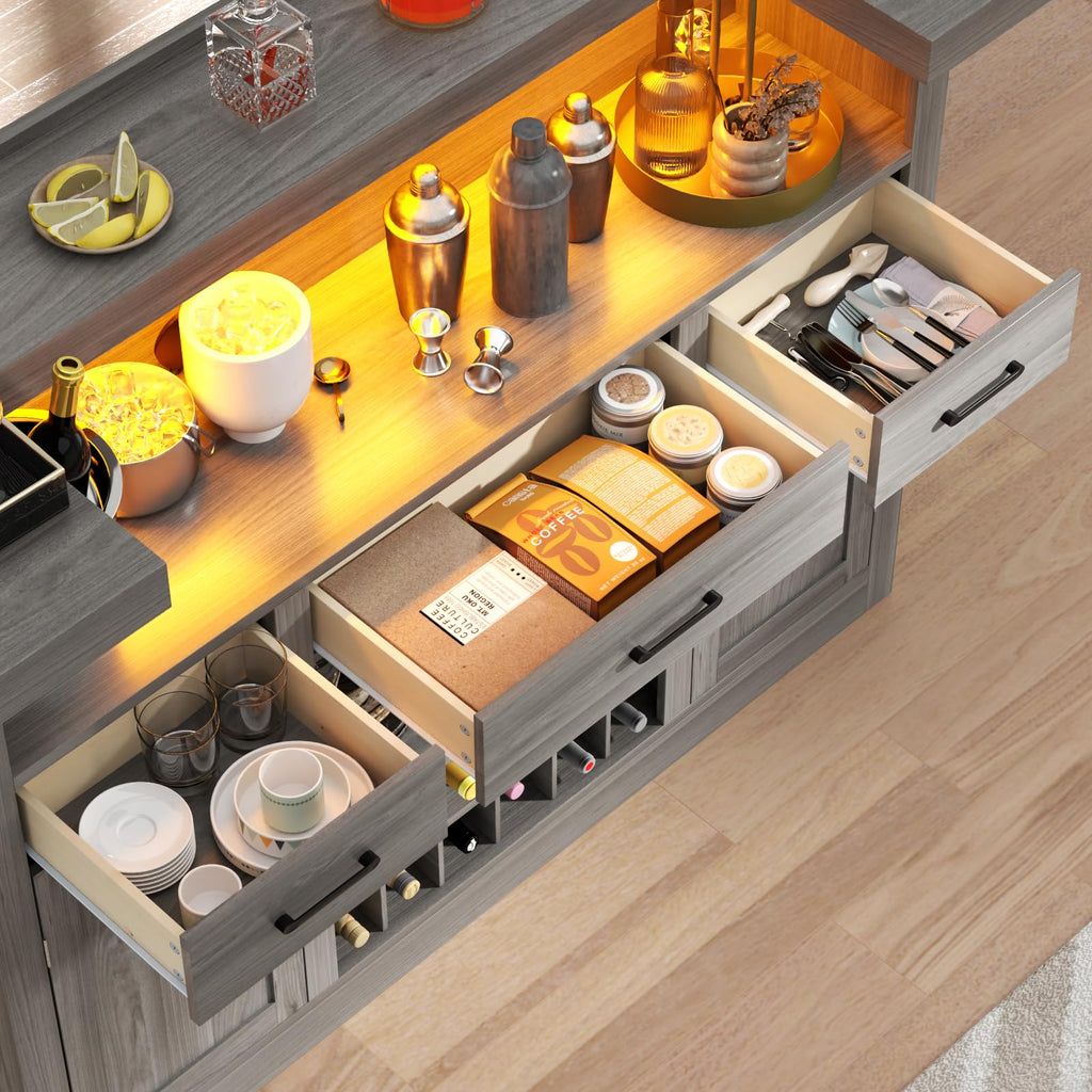 Loomie Bar Table Cabinet with LED & 3 Drawers,Liquor Bar with Adjustable Storage Shelves & Stemware Holders, Crescent Shaped Counter for Home Pub