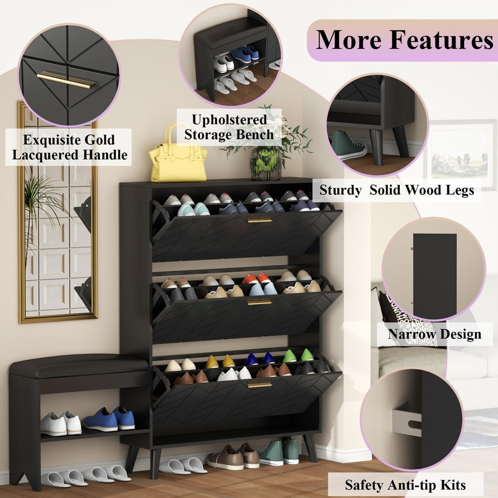 Loomie Shoe Cabinet w/3 Flip Drawers, Shoe Storage Cabinet w/Bench for Entryway, Freestanding Narrow Hidden Shoe Rack Organizer