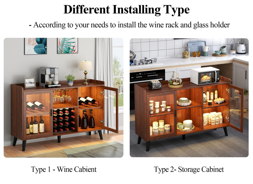 Loomie Wine Bar Cabinet with LED Light, Home Coffee Cabinet with Wine Rack and Glass Holder, Kitchen Buffet Sideboard W Storage Shelf