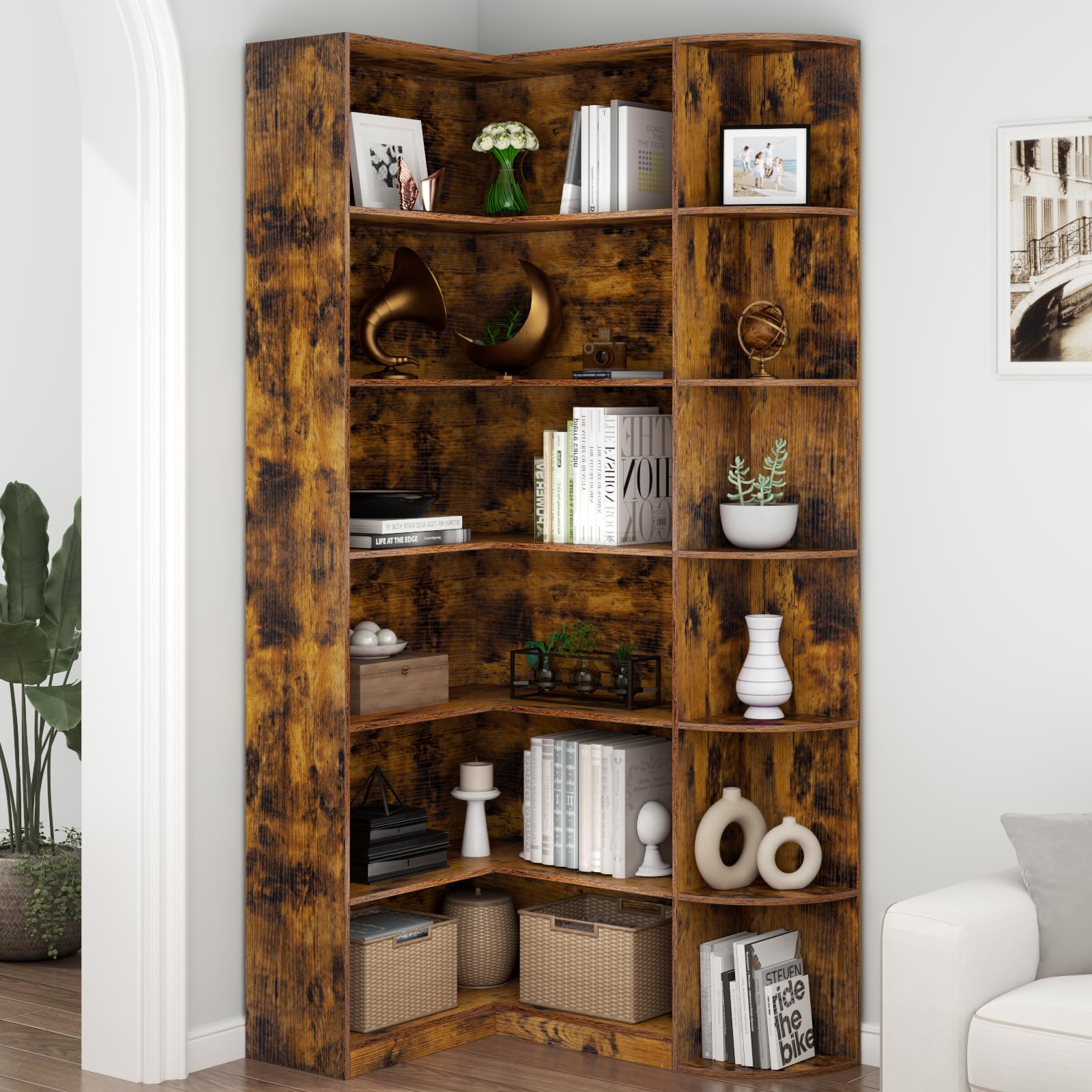 Loomie White Book Shelf, 6 Tiers Shelf Large Tall Corner Etagere Bookcase with Full Baffle, L-Shaped Modern Storage Display Industrial Bookshelves