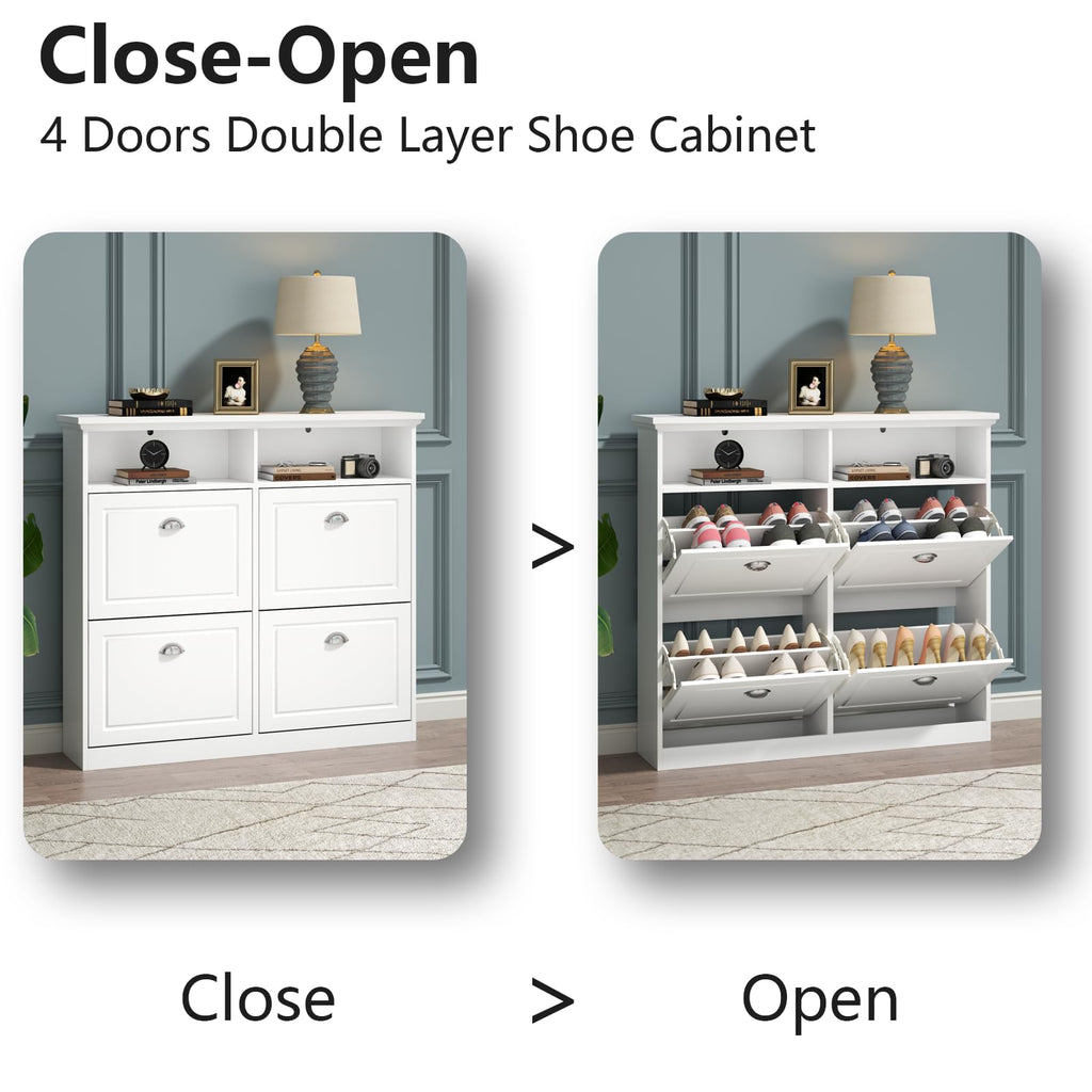 Loomie Shoe Cabinet with 4 Flip Drawers, Freestanding Shoe Storage Cabinet with Open Shelves