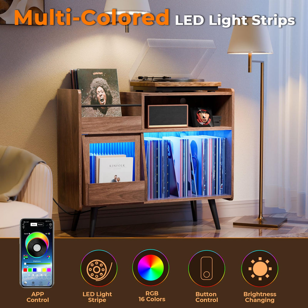 Loomie Large Black Record Player Stand Turntable Stand Shelf with with Power Outlet and LED Light,Vinyl Record Storage Cabinet