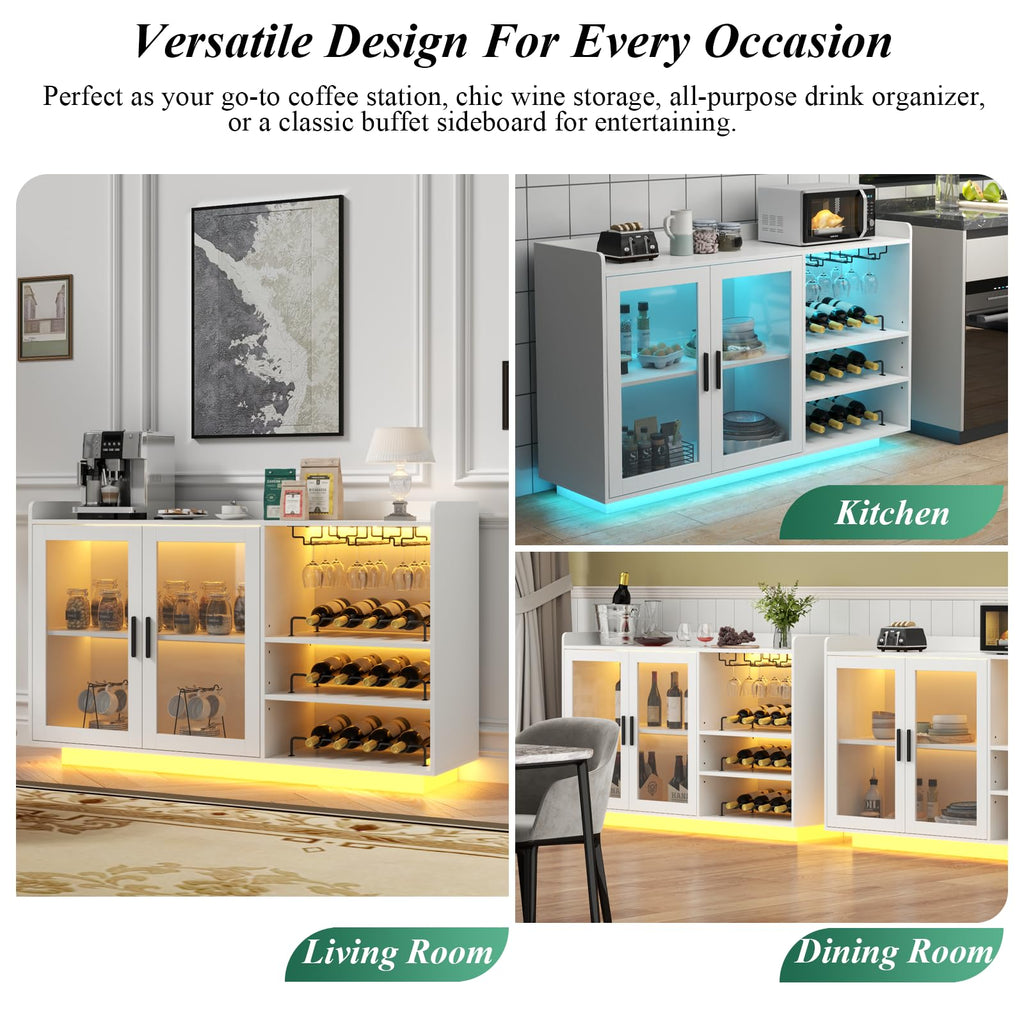 Loomie Wine Bar Cabinet with LED Lights, Floating Coffee Bar with Glass Rack and Removable Wine Racks, Modern Buffet Sideboard with Storage Shelves