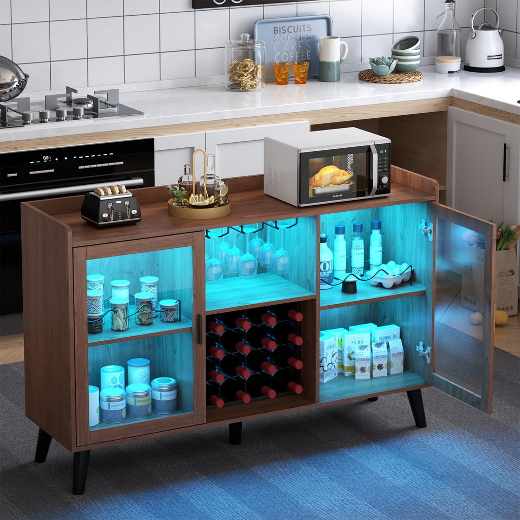 Loomie Wine Bar Cabinet with LED Light, Home Coffee Cabinet with Wine Rack and Glass Holder, Kitchen Buffet Sideboard W Storage Shelf
