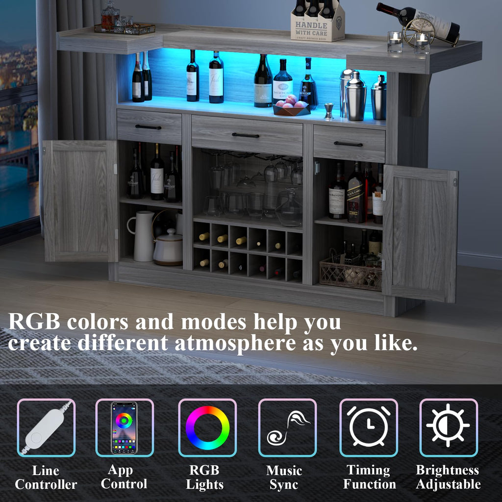 Loomie Bar Table Cabinet with LED & 3 Drawers,Liquor Bar with Adjustable Storage Shelves & Stemware Holders, Crescent Shaped Counter for Home Pub