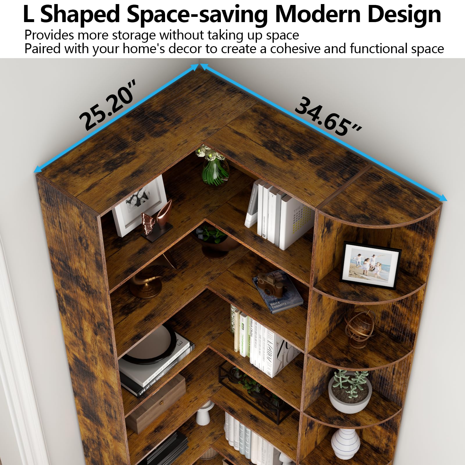 Loomie White Book Shelf, 6 Tiers Shelf Large Tall Corner Etagere Bookcase with Full Baffle, L-Shaped Modern Storage Display Industrial Bookshelves