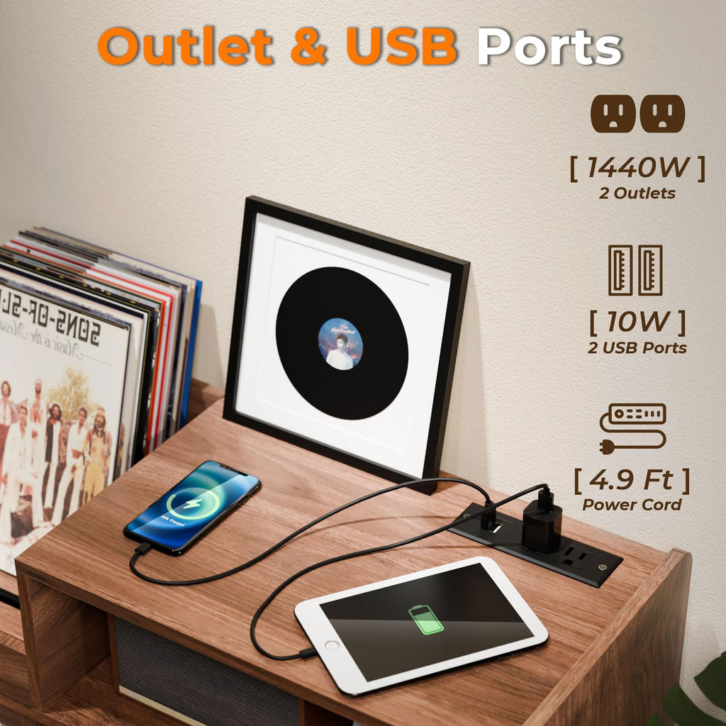 Loomie Large Black Record Player Stand Turntable Stand Shelf with with Power Outlet and LED Light,Vinyl Record Storage Cabinet