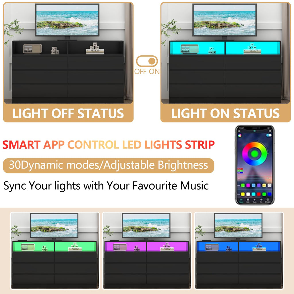 Loomie Drawers Dresser, White Drawer Dresser with Power Outlet, Accent Chests of Drawers with LED Light