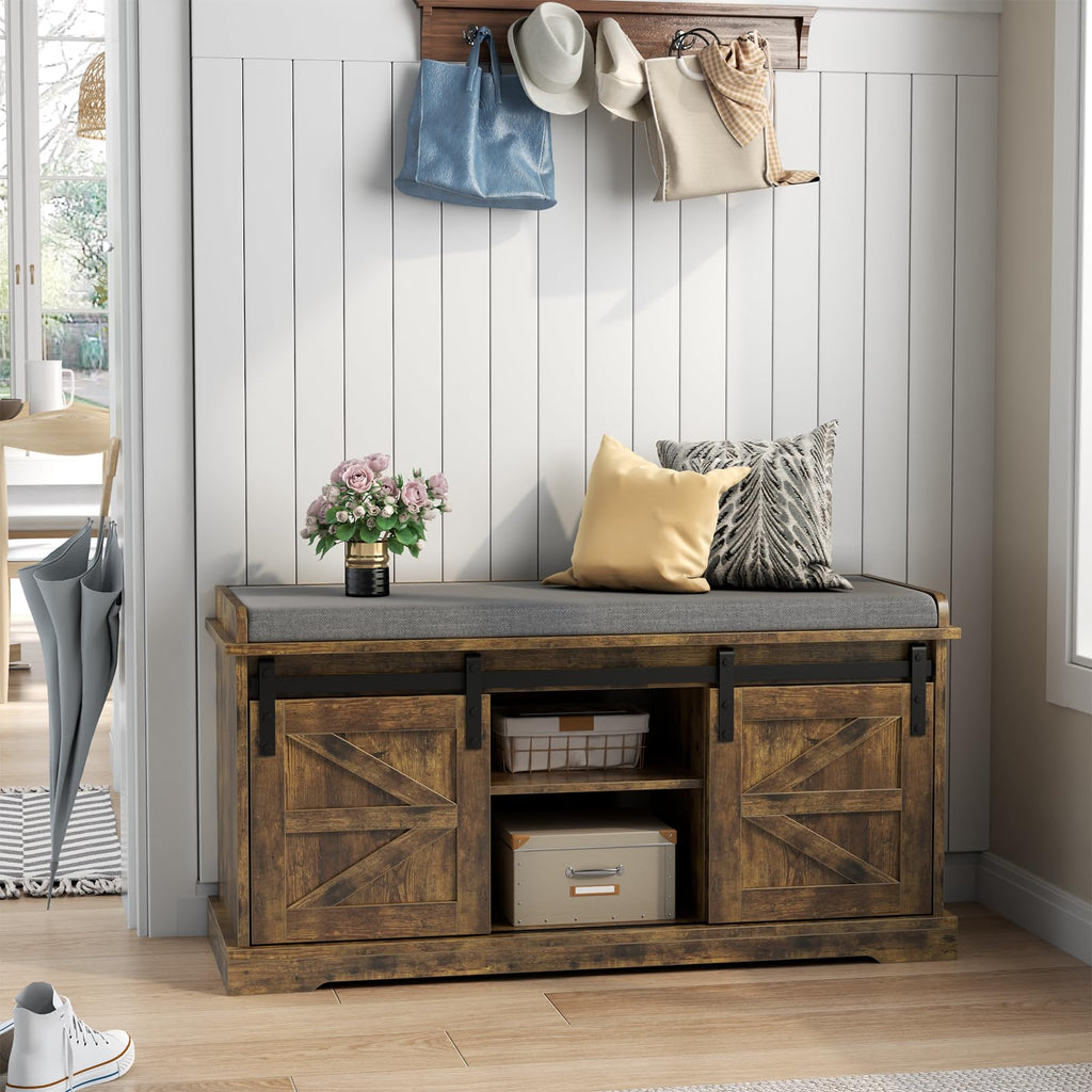 Loomie Shoe Storage Bench, 2-Tier Farmhouse Entryway Bench with Sliding Barn Door Storage Cabinets