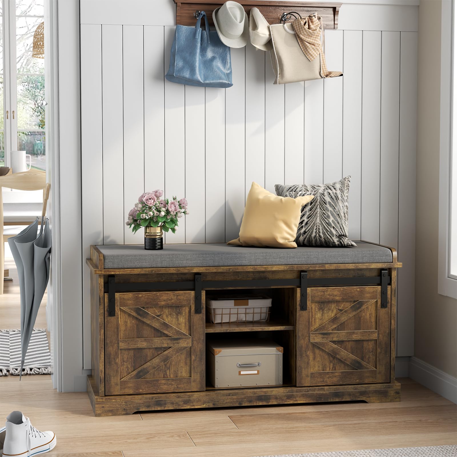 Loomie Shoe Storage Bench, 2-Tier Farmhouse Entryway Bench with Sliding Barn Door Storage Cabinets