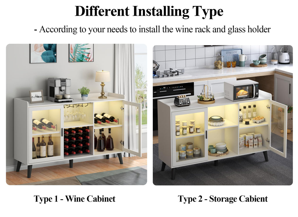 Loomie Wine Bar Cabinet with LED Light, Home Coffee Cabinet with Wine Rack and Glass Holder, Kitchen Buffet Sideboard W Storage Shelf