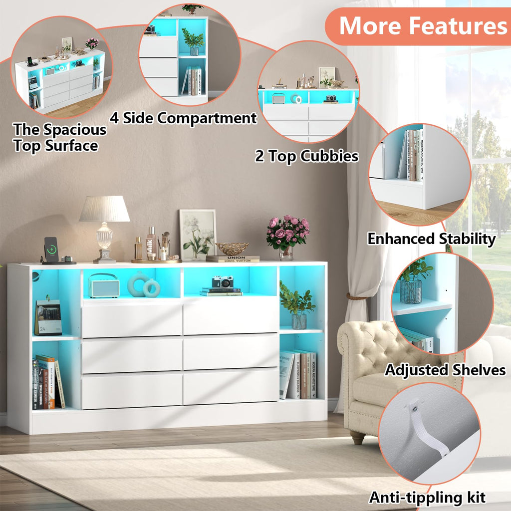 Loomie 6 Drawers Dresser with 6 Open Storage Cubbies, LED Dressers & Chests of Drawers with Power Outlet