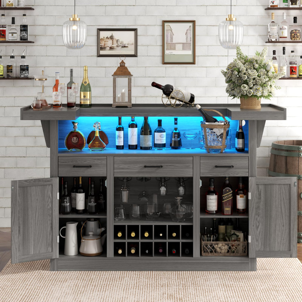 Loomie Bar Table Cabinet with LED & 3 Drawers,Liquor Bar with Adjustable Storage Shelves & Stemware Holders, Crescent Shaped Counter for Home Pub