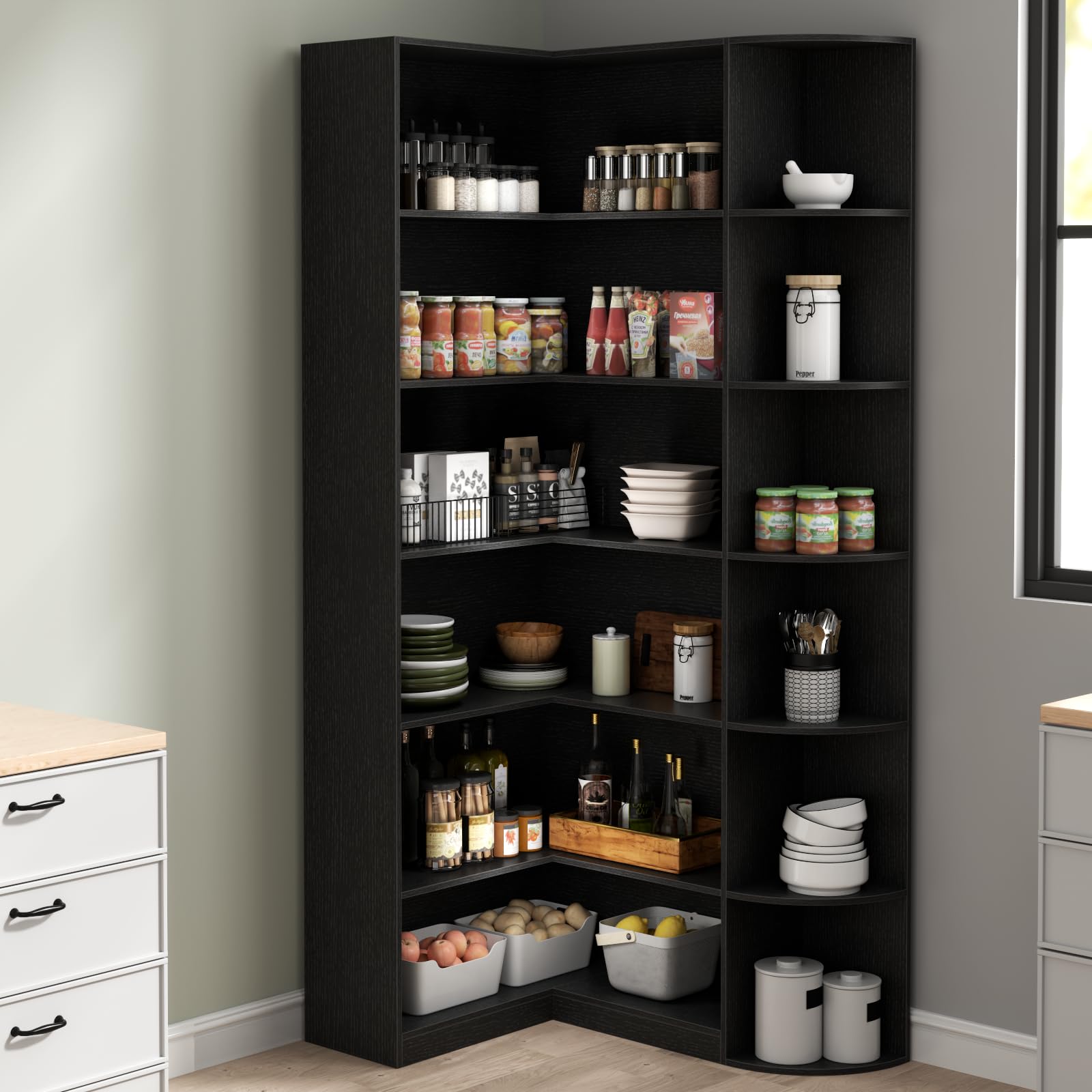 Loomie White Book Shelf, 6 Tiers Shelf Large Tall Corner Etagere Bookcase with Full Baffle, L-Shaped Modern Storage Display Industrial Bookshelves