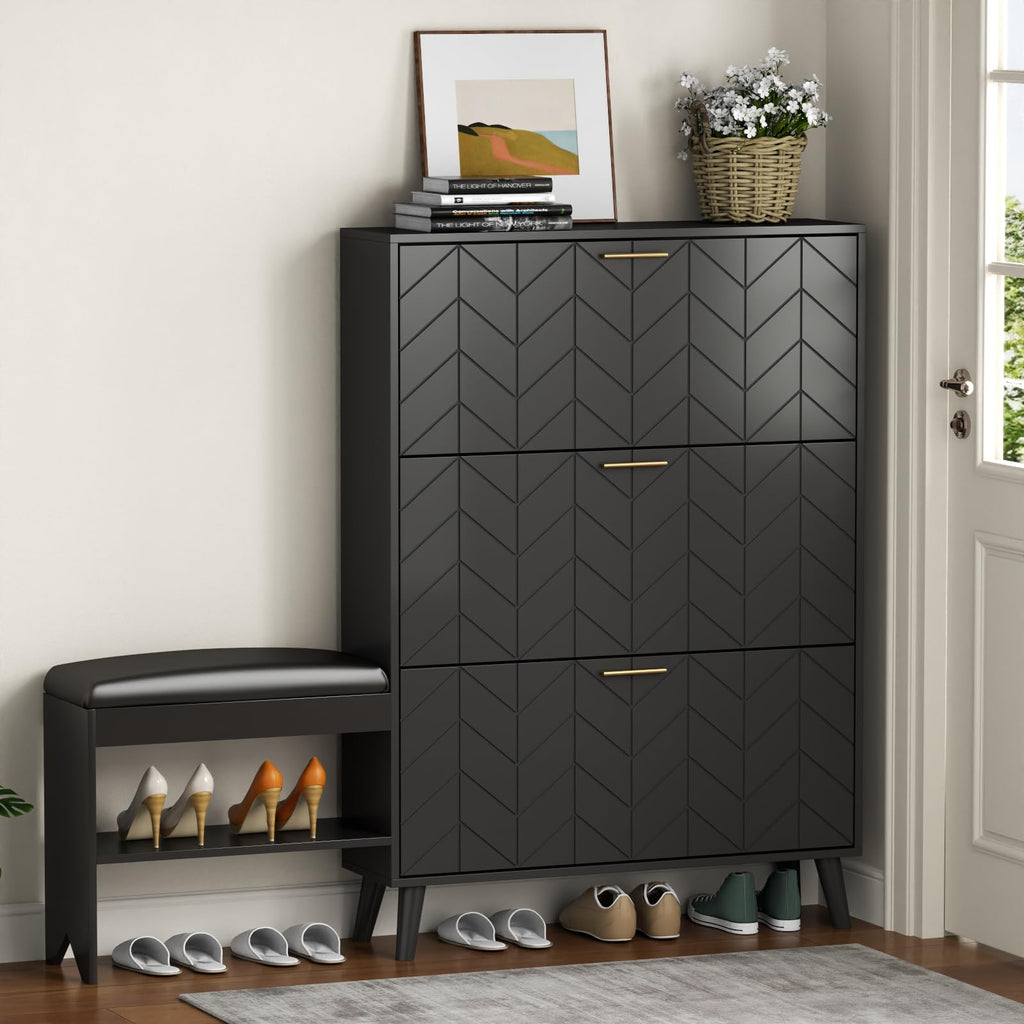 Loomie Shoe Cabinet w/3 Flip Drawers, Shoe Storage Cabinet w/Bench for Entryway, Freestanding Narrow Hidden Shoe Rack Organizer