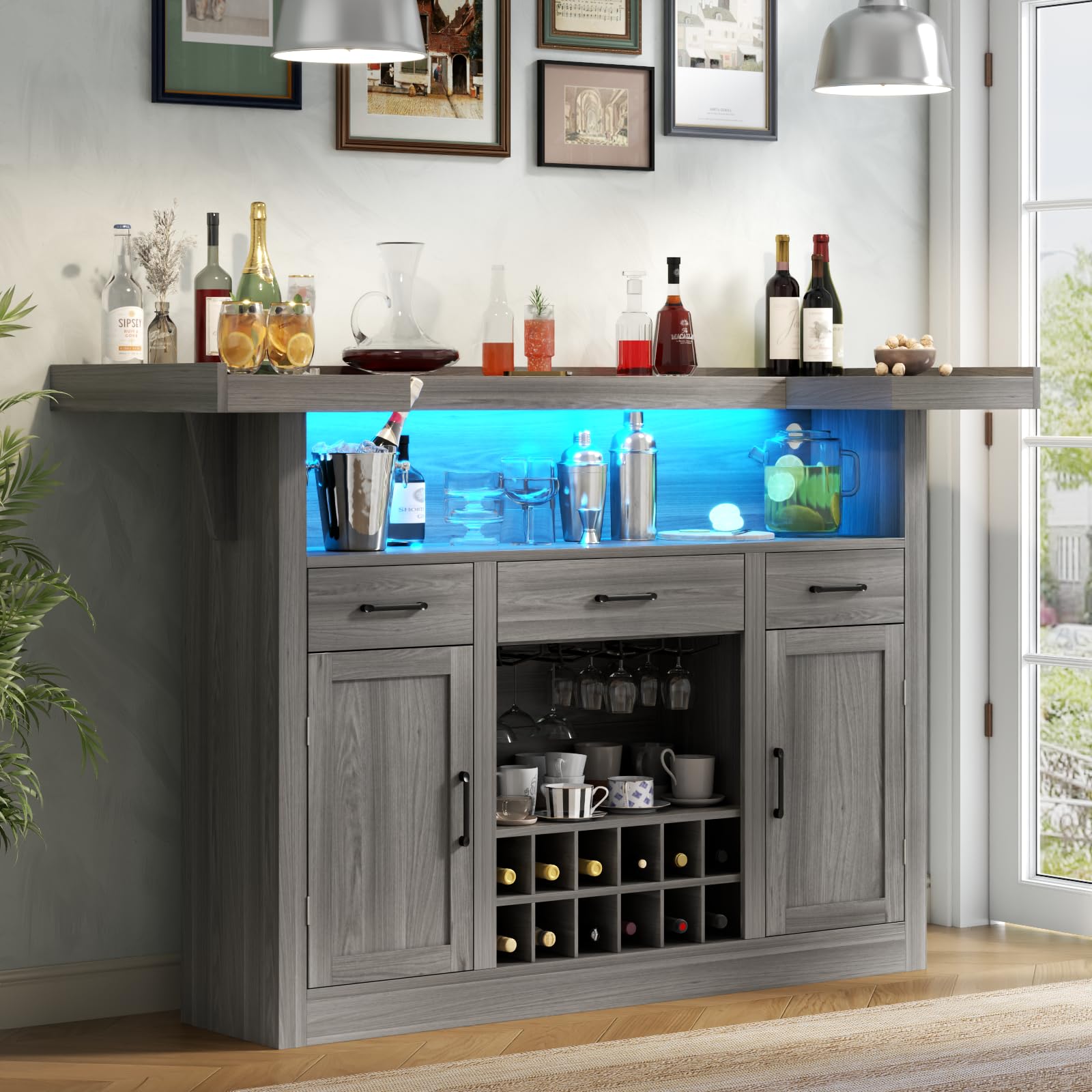 Loomie Bar Table Cabinet with LED & 3 Drawers,Liquor Bar with Adjustable Storage Shelves & Stemware Holders, Crescent Shaped Counter for Home Pub